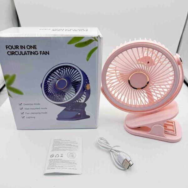 Portable USB Rechargeable Clip Fan with 5 Speed Wind 3 Modes LED Light Wireless Electric Fan Table Camping Desktop Fan