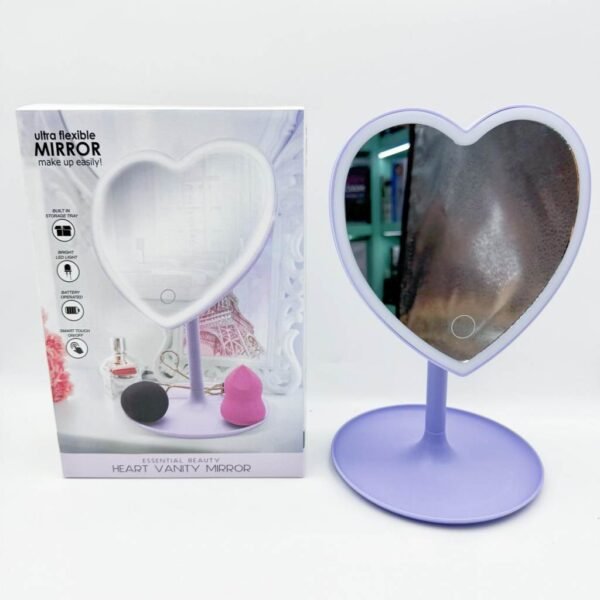 Factory Customized Standing Tabletop Lighted pink Rotatable hd Mirror Heart Glass Makeup Mirror With Led Lighting