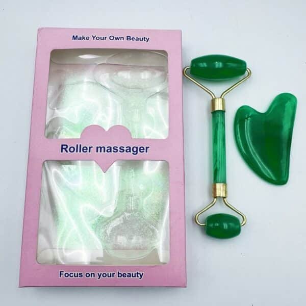 Rose Quartz Jade Roller Gua Sha Set Amethyst Green Pink White Jade Heart Shaped Gua Sha Stone and Face Roller Crystal Guasha Kit