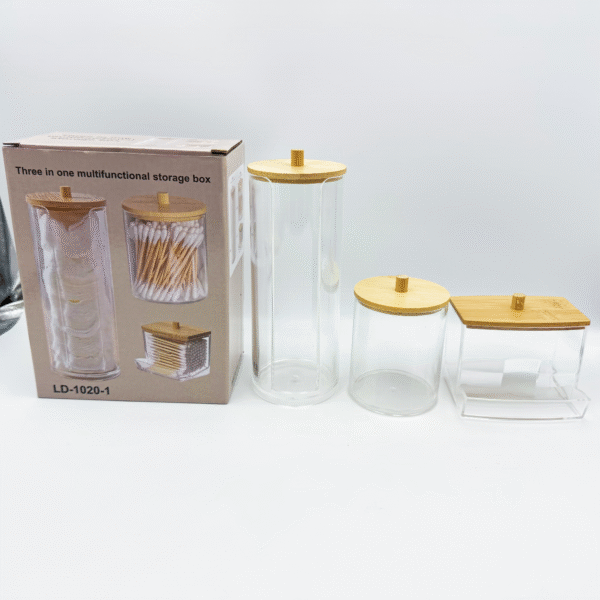 Clear Makeup Storage Box Cotton Swab Organizer Cosmetic Holder Wooden Cover